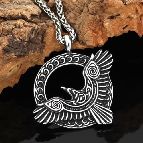 Norse viking Triple Horn of Odin raven Huginn and Muninn amulet Stainless steel rune pendant necklace with valknut gift bag