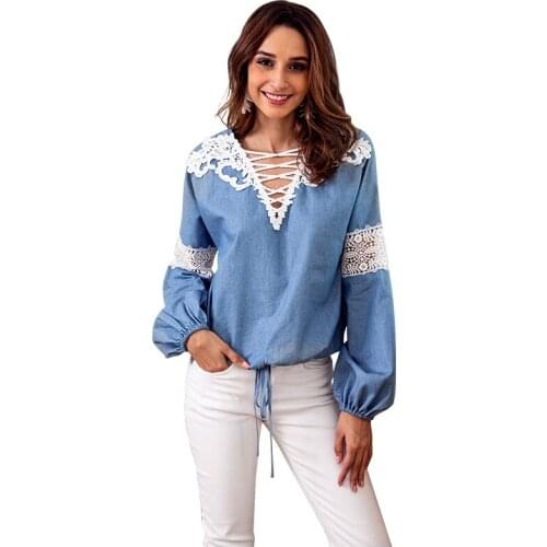 2018 Autumn Cowboy Blue Suit-dress Jacket V Lead Lace Lace Split Joint Long Sleeve Shirt