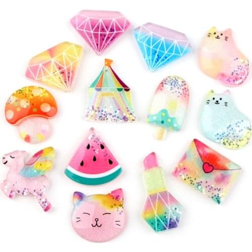 Colorful Glitter Resin Cabochons 10pcs Flatback Kawaii Fruit Watermelon Animal Cat Mushroom Ice Cream Horse Castle Cameo Patch