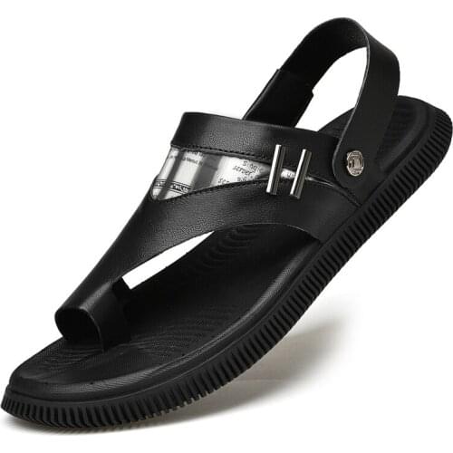 Luxury Men Genuine Leather Sandals For Men Summer Beach Casual Sandal Metal Decoration Flip-flops Rear Strap Adjustable Slippers
