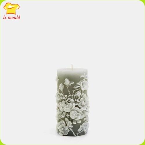 Flower Embossed Gray Silicone Mold Pattern Cylindrical Candle Mould