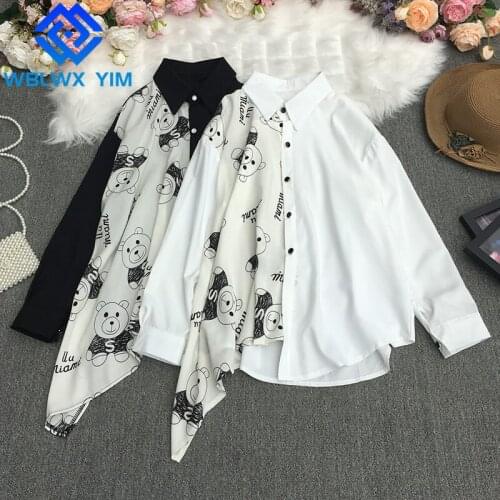 Autumn Womens Tops And Blouses Fashion Cartoon Print Shirt Women Loose Lapel Long Sleeve Blouse Asymmetry Shirts Streetwear