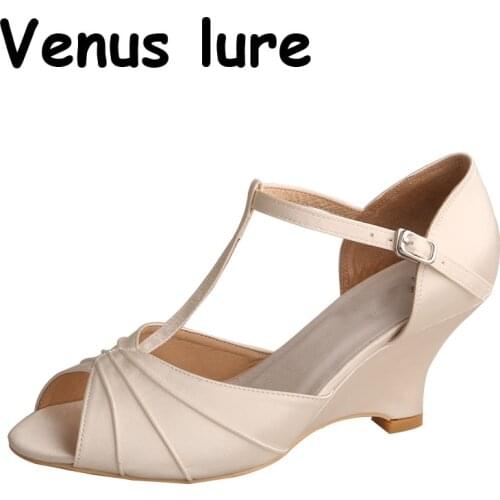 Custom Handmade Ladies Wedge Sandals Size 5 Marfil Satin T-strap Shoes Size 5