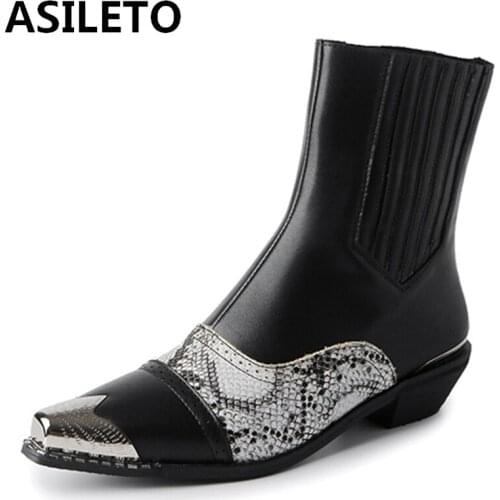 ASILETO 2021 Ladies Ankle Boots Cap Toe Snake Print Patchwork Slip On Short Plush Low Thick Heel Size 34-48 Black White A4427