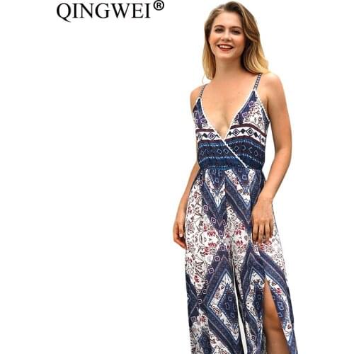 QINGWEI Summer New Models European and American Women Open back Print retro Style Temperament Waist dress