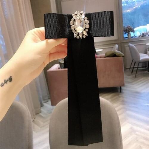 2020 New Korea Style Sweet College Wind Black Rhinestone Bow Tie Long Riband Retro Brooches for Women Fashion Shirt Accessories