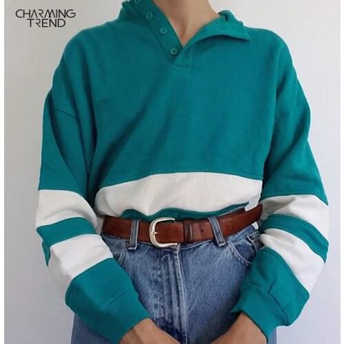 Women Pullover Sweatshirt 2020 Autumn Winter Stripe Lapel Boyfriend Style Oversized Ladies Vintage Colorblock Hoodie Clothes