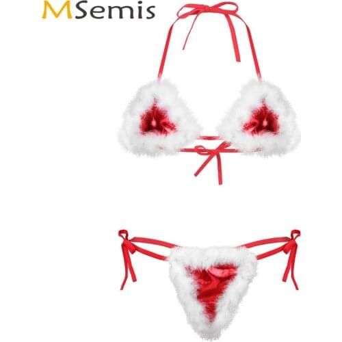 Womens Sexy Cosplay Christmas Costume Naughty Santa Baby Lingerie Set Sexy White Feather Trimmed Bikini Bra with G-string Briefs