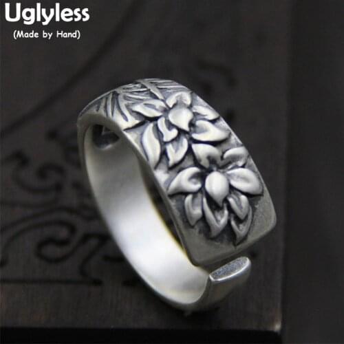 Uglyless Real S 925 Sterling Thai Silver Women Ethnic Open Rings Handmade Embossed Flowers Ring Vintage Wide Fine Jewelry Bijoux
