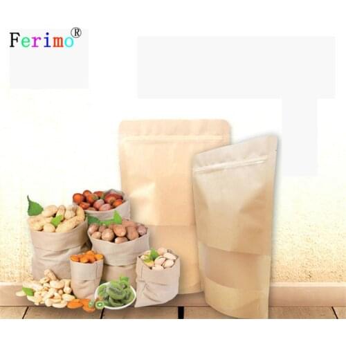 100pcs 20x30cm Brown Gift Kraft Paper Bag Zip Lock Food Snack Tea Bag Packing Retail Craft Paper Bag Food With Window Wholesale