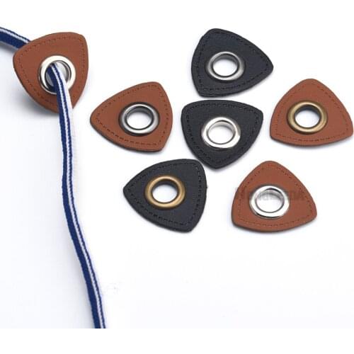 30pcs/lot 27mm Triangle black/brown PU leather sew on Badges patch labels + inner 8mm metal brass eyelets grommets free ship