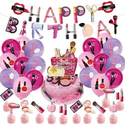 46pcs/set Girl Lipstick Balloons Makeup Lipstick Eye Shadow Latex Ballons Birthday Banner Cake Topper Party Decorations Supplies