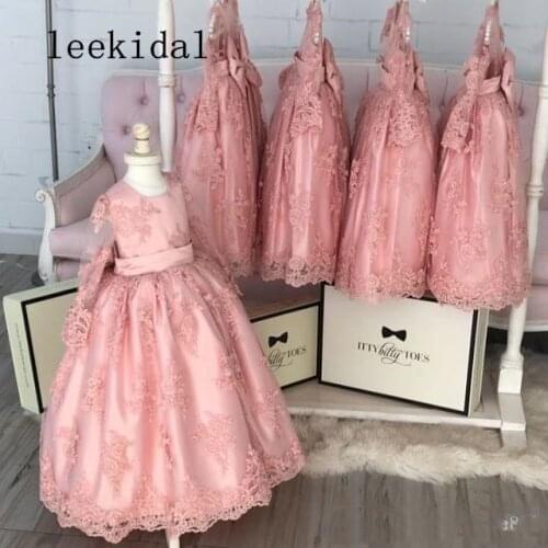Long Sleeve Princess Ball Gown Flower Girls Dresses With Flowers Floor Length Kids Formal Wear Pageant Girls Dress Custom