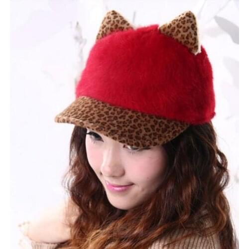 New Design Rabbit Fur Baseball Cap Womens Cat Ears Peaked Cap Leopard Print Rabbit Fur Hat Women Warm Winter Cap