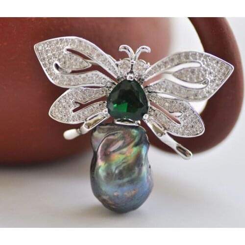 P7082 Black Baroque Keshi Pearl Beryl-Butterfly CZ Brooch