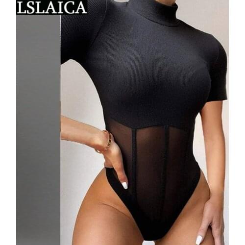 Dropshipping Short Sleeve Jumpsuits Solid Color High Waist Mech Patchwork Sexy Bodysuit Women Summer Fashion Bottoming Romper