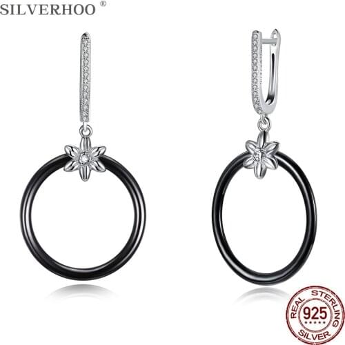 SILVERHOO Sterling Silver 925 Jewelry Circle Ceramics Earrings Dangle For Women Bright 5A Cubic Zirconia Flower Drop Earring