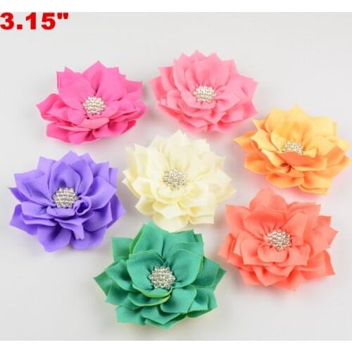 Yundfly 10PCS Artificial Lotus Leaf Flowers With Snow Rhinestone Button For Hair Accessories Fabric Flowers DIY Infant Headbands