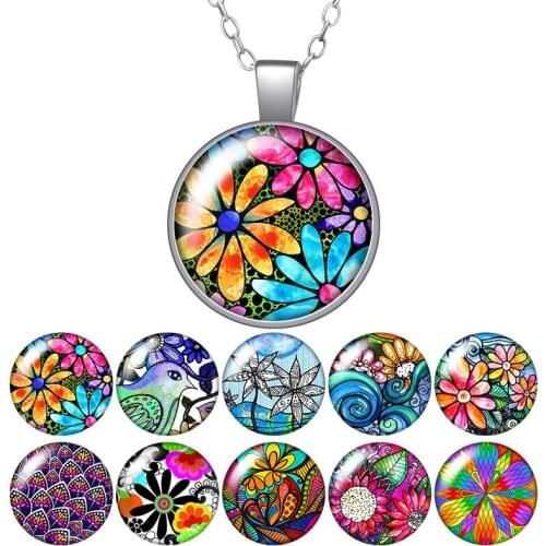 Beauty painting Flowers patterns Round Pendant Necklace 25mm Glass Cabochon Silver Plated Jewelry Women Birthday Gift 50cm