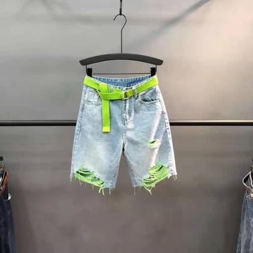 Summer Women New Trend Green Color Contrast Jeans Short Pants Lady Fashion Thin High-waist Denim Shorts Straight Streetwear Pink