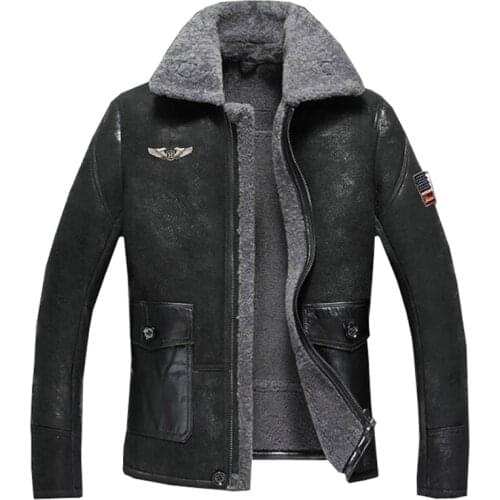 2019 Shearling sheepskin aviator jacket Mens leather motorcycle Mens Winter Zip Warm Coat B3 Bomber Jacket Aviator male jacket