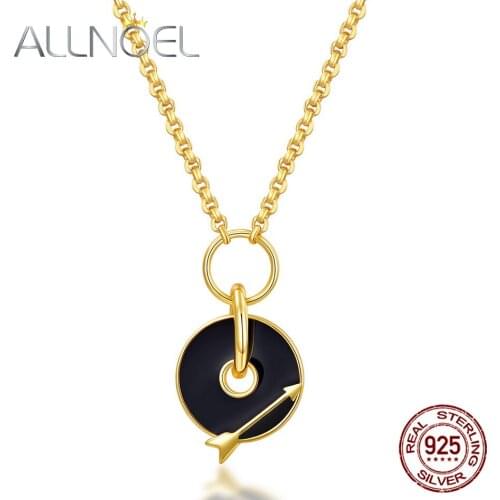 ALLNOEL 925 Sterling Silver Necklace Fine Jewelry for Women Filled Black Enamel Gold Arrow Round Pendant Necklace Jewelry Gift