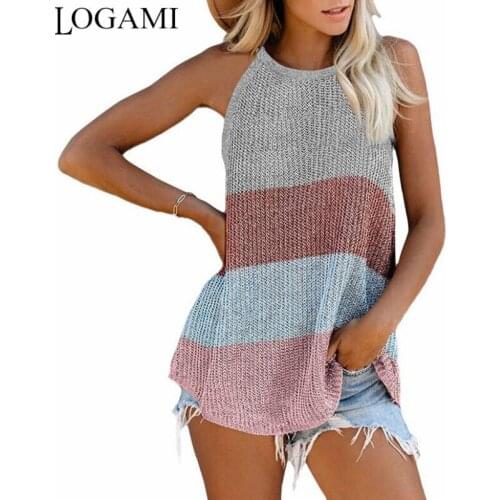 LOGAMI Striped Knitted Vest Women Sleeveless Loose Pullovers Woman Summer Beach Wear Patchwork Tank Tops