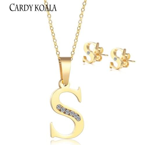 Stainless steel capital letter S with zircon simple and elegant golden necklace earring set