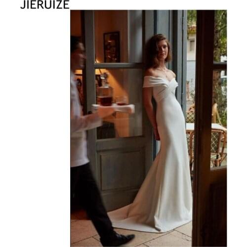 JIERUIZE New Simple Sheath Wedding Dresses Off Shoulder Zipper Back Mermaid Bridal Dresses Long Wedding Gowns vestido de noiva