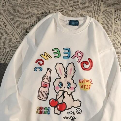 Ins Punk Goth Streetwear Cute Cherry Rabbit Cartoon Printed Sweatshirt O-neck Loose Tops Kawaii Clothes Plus Size Korean Fashion