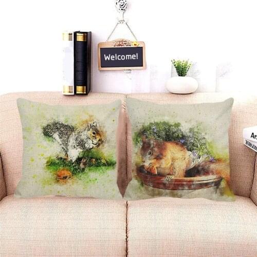 XUNYU Watercolor Animal Cushion Cover Cute Squirrel Printing Pillowcase Sofa Car Seat Decorative Throw Pillowcase 45x45cm D0056