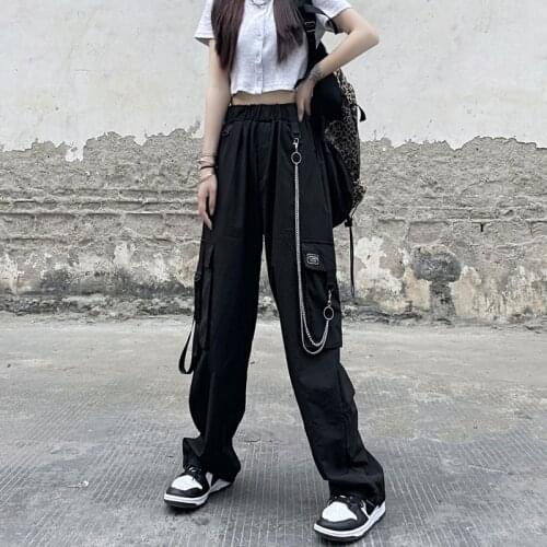 HOUZHOU Gothic Punk Black Cargo Pants with Chain Women Harajuku Streetwear Wide Leg Trousers For Female Techwear Mall Goth