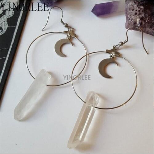 Goth Titanium Crystal Boho Quartz Hoops Moon Esoteric Earrings Alternative Statement Jewelry Witchy Gift Gothic Women Gift New