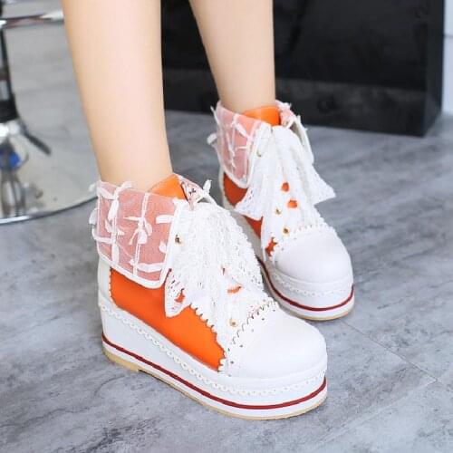 Womens Round Toe Match Colors Lace Wedge High Heel Sneakers Casual Shoes High Top Lace Up Lolita 4Colors Plus Size