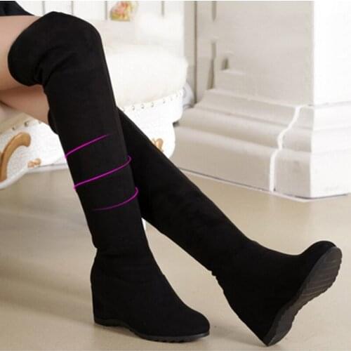 Winter Round Toe Slope Heel Brand Authentic Womens Boots Over The Knee Boots Stretch Fabric Thigh High Sexy Woman Shoes