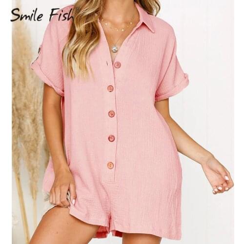 2020 Fashion Playsuit Women Spring Summer Cotton Linen Buttons Causal Jumpsuit Straight Solid Playsuit Short Sleeve Female M0123
