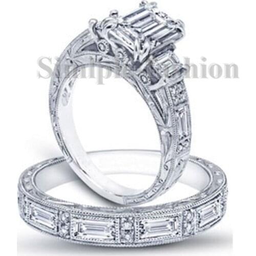 Vintage Carved 925 Sterling Silver Engagement Wedding Rings for Women Luxury Square Diamond Ring set 2-in-1 Jewelry