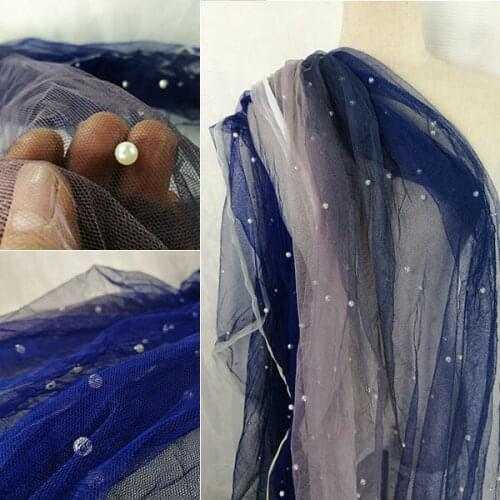 1YARD Beaded Pearl gauze cloth fabric soft gauze gradually graded color dress wedding clothing perspective fabric