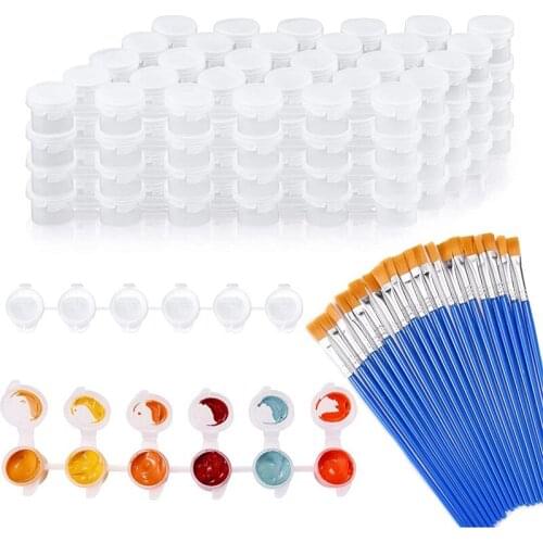 20 Strips 120 Pots Empty Paint Pots Strips Mini Clear Storage Containers and 20 Pcs Paint Brushes Painting Arts Crafts