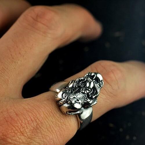 925 Sterling Silver color The mythical wild animal Men Ring Buddha Adjustable Size Vintage Trendy Thai Silver color Ring Jewelry