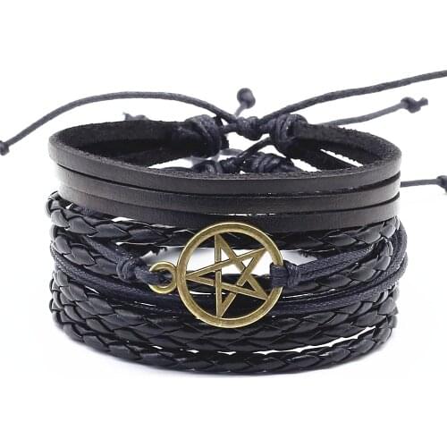 Handmade Black PU Leather Cute Bronze Star Charm Femme Homme Male Men Bracelet For Women Jewelry