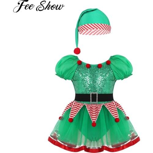 Kids Baby Girls Dress Christmas Fairy Spirit Costume Ballerina Dancewear Outfits Sequin Striped Ballet Tutu Leotard Dress Hat