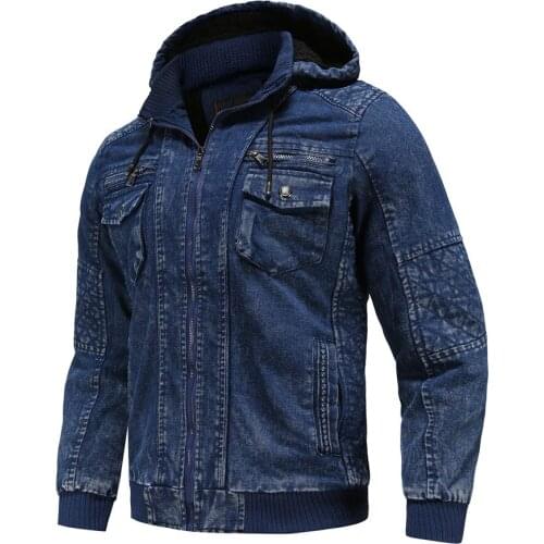 New hooded denim jacket detachable hat autumn Men fleece wool liner Multi-pocket Long Sleeve Jeans Coats thick cotton