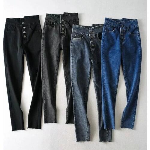 Bottom Jeans Empire Waist Button Skinny DenimJeans Pants Women Autumn Winter Pencil Pants High Elastic Women