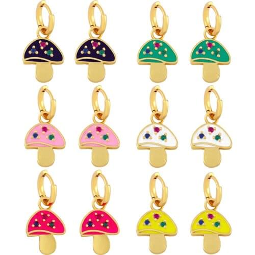 EYIKA New Design Women Cute Mushroom Gold Color Drop Earrings Colorful Enamel Zircon Glossy Hoop Earring Unique Chic Ear Jewelry