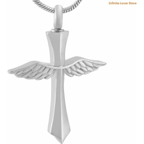 IJD9654 Wholesale Faith Cross Cremation Pendant,Stainless Steel Angel Wing Cross Keepsake Memorial Urn Necklace for Ashes