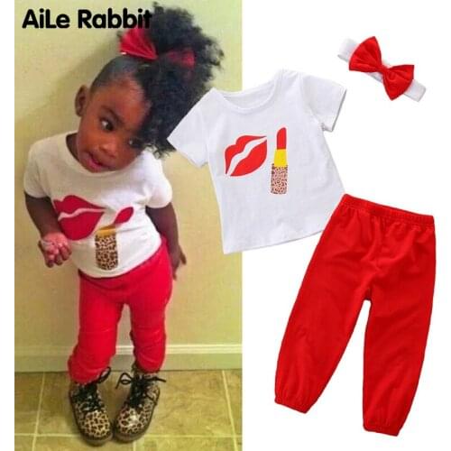 INS Girls Clothes Suit European And American Childrens Short-sleeved T-shirt Pants 2 Piece Suit Lipstick Lips Fashion Pattern