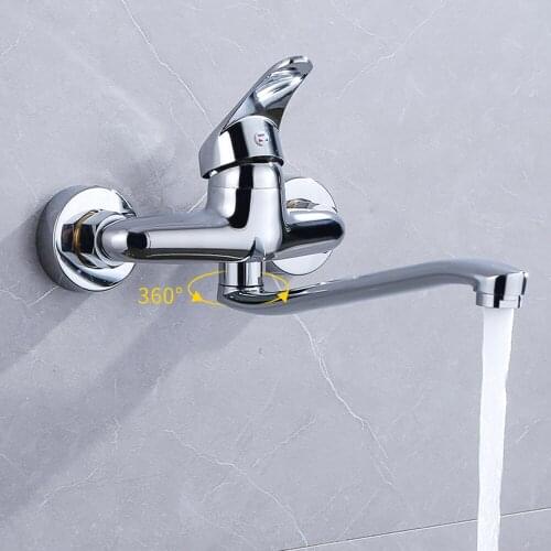 Brass Plating Faucet For Kitchen Sink Wall Mount Tap 360 Rotating Single Handle Hot Cold Water Taps Dual Hole Wall Kitchen Mixer
