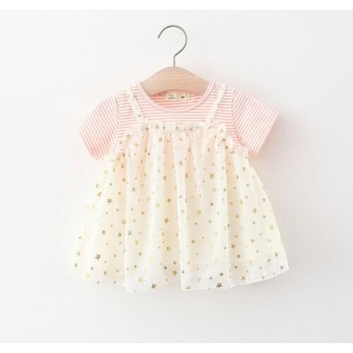 Tidal girls short-sleeved dress summer baby girl striped chiffon fake two princess skirts