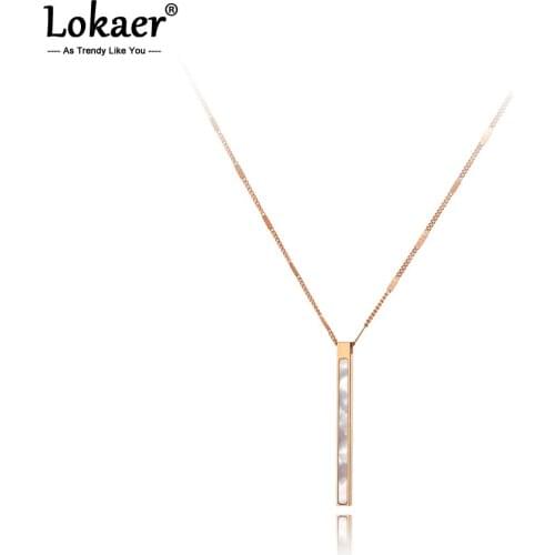 Lokaer Simple Design White Shell Long Strip Charm Pendant Necklaces For Women Trendy Titanium Steel CZ Crystal Necklace N20161